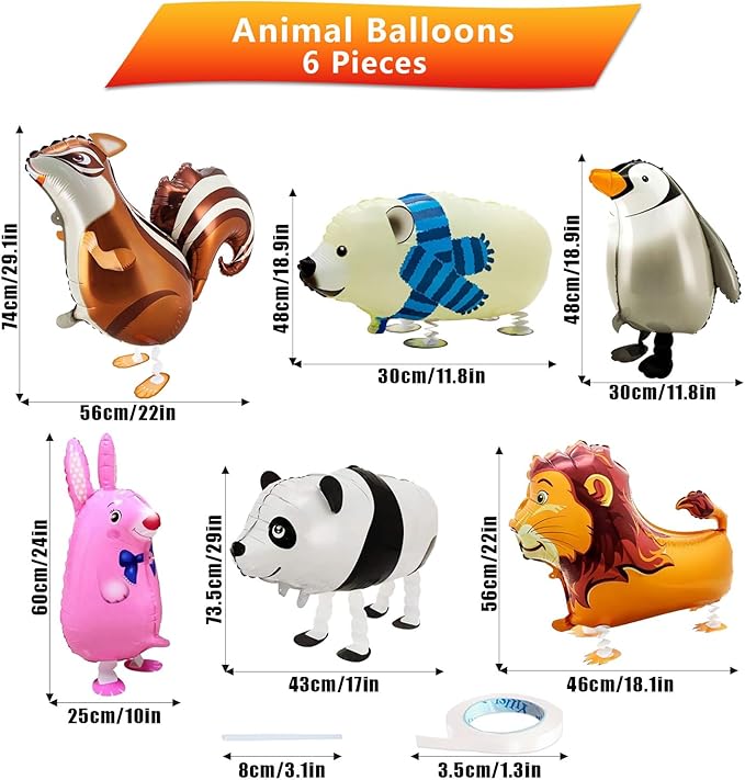 6 Pcs Walking Animal Balloons Cute Walking Panda Polar Bear Lion Penguin Bunny Squirrel Inflatable Animals Foil Party Balloons for Kids Baby Shower Animal Theme Birthday Party Decorations Supplies