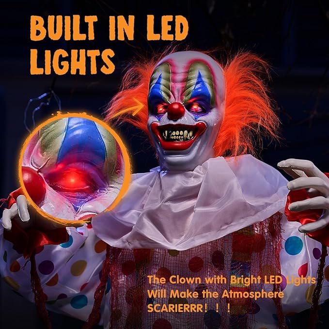 JOYIN 65" Halloween Hanging Clown Decoration Outdoor, Neon Face LED Talking with Light-up Eyes and Creepy Sound Haunted House Decor, for Lawn, Yard, Patio