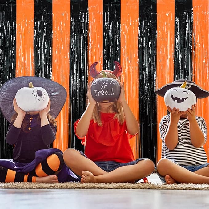 TONIFUL 2Pcs Black Orange Door Streamers,Photo Booth Backdrop Metallic Streamers Foil Fringe Curtains for Birthday,Christmas,New Year,Bachelorette,Halloween Party Streamers Decor(9.9ft x 6.6ft)