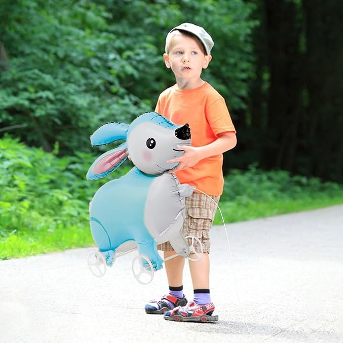 Walking Bunny Foil Balloons With Wheels Standing pet Bunny animal balloon Cute Rabbit Mylar Balloons for Jungle Safari baby Shower Animal Theme Birthday Party Decorations Supplies (Bunny)