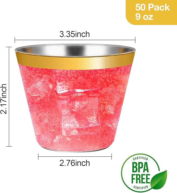 Goodluck 50PCS 9oz Gold Disposable Cups, Plastic Cups with Gold Rim, Cocktail Cups for Wedding, Party and Birthday