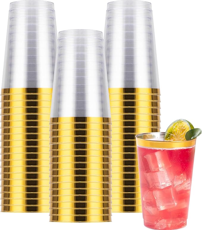 Goodluck 50PCS 14oz Gold Plastic Cups for Party, Disposable Gold Rim Cups, Plastic Cocktail Glasses for Wedding Thanksgiving, Christmas, and Parties