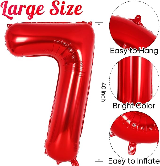 Red Number 7 Balloon 40 Inch, Big Large Foil Helium Number Balloons, Jumbo Giant Mylar Number 7 Balloons for 7 Year Old Birthday Red Party Decorations Supplies Anniversary