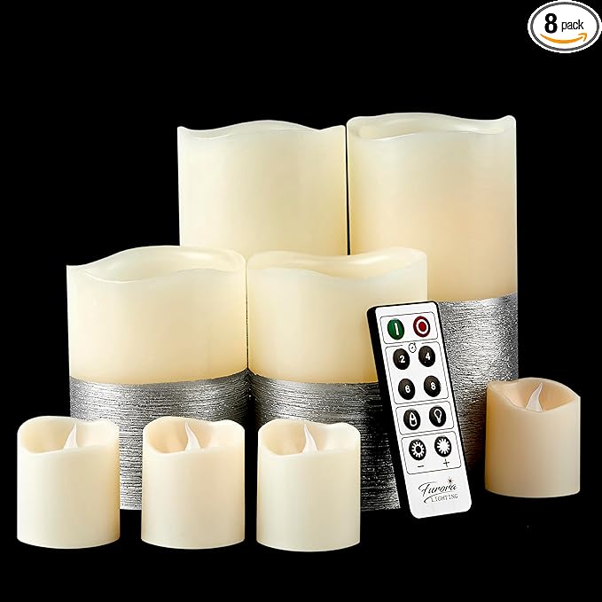 FURORA LIGHTING Silver Real Wax Trim Candles with Remote and Timer Pack of 8, LED Flameless Flickering Candles for Home Décor, Battery Included