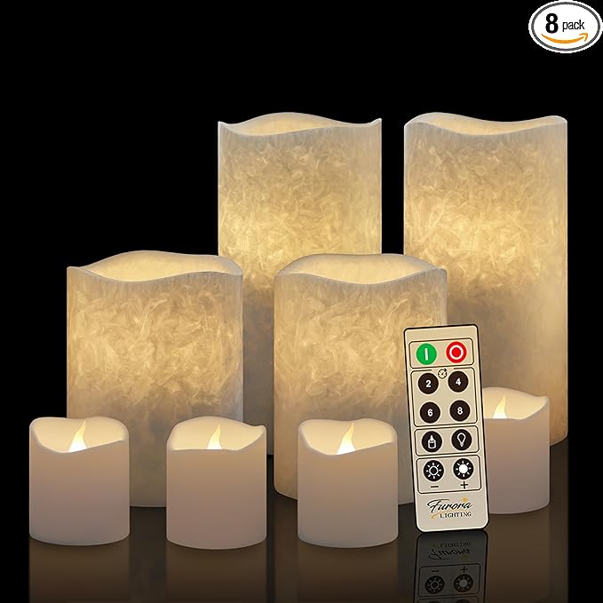 FURORA LIGHTING LED Flameless Candles with Remote Control, White in Set of 8, Real Wax Battery Operated Pillars and Votives LED Candles with Flickering Flame and Timer Featured