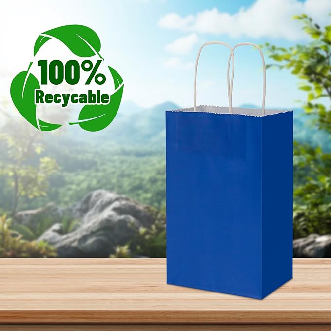 100 Pack 5.25x3.25x8.25 Inch Small Royal Blue Kraft Paper Bags with Handles Bulk, Toovip Gift Wrap Bags for Favor Grocery Retail Party Birthday Shopping Business Goody Craft Merchandise Take Out Sacks