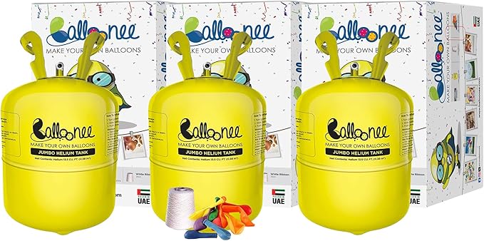 Jumbo Disposable Helium Party Kit - Pack of 3, Helium Tank for Balloons At Home, 14.9 Cu Ft Helium Balloon Pump Kit with 150 Assorted Latex Balloons, Portable for Celebrations