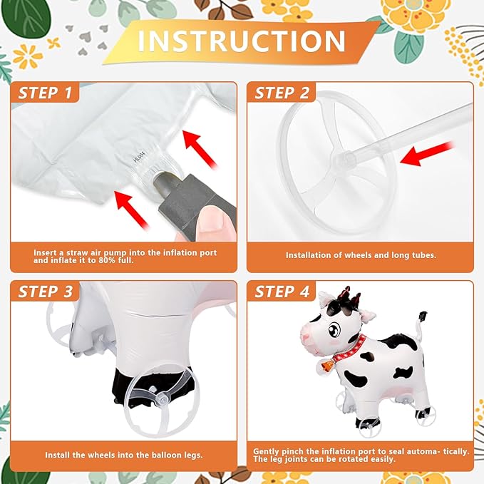 Walking Dairy Cow Foil Balloons With Wheels Standing pet Dairy Cow animal balloon Cute Ox Mylar Balloons for Jungle Safari baby Shower Animal Theme Birthday Party Decorations Supplies