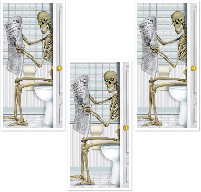 Beistle 3 Piece Plastic Indoor Outdoor Skeleton Restroom Door Covers for Happy Halloween Party Decorations, 60" x 30", Multicolor