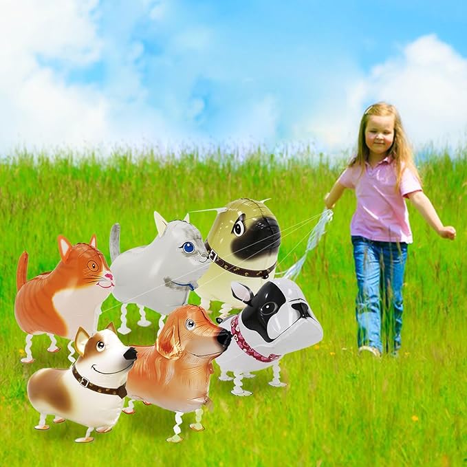 6 Pcs Walking Animal Balloons Dog Cat Party Decorations 4 Pcs Dog Mylar Foil Balloons and 2 Pcs Cat Balloons Walking Balloons for Puppy Birthday Party Supplies Cat Theme Party Supplies