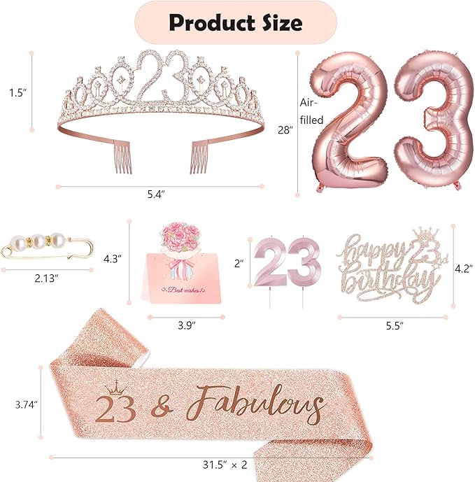 23rd Birthday Decorations for Her Girls Women, Including 23 year old Birthday Cake Topper, Queen Sash with Pearl Pin, Sweet Rhinestone Tiara Crown, Number Candles and Balloons Set, Rose Gold