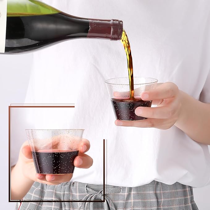 JOLLY CHEF 5 oz 100 Pack Small Glitter Disposable Cups, Glitter Plastic Cups, Disposable Plastic Shot Glasses Perfect for Parties Halloween Thanksgiving Christmas