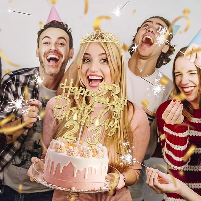 23rd Birthday Decorations for Women Gold Set with 23rd Birthday Tiara and Sash, Cake Topper and Number Candles , Balloons, 23 Year Old Gifts for Women