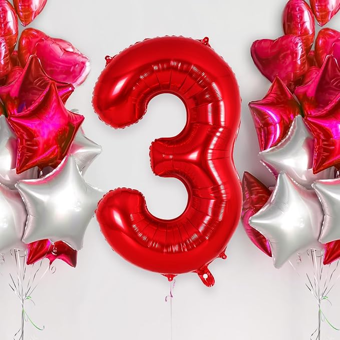 Red Number 3 Balloon 40 Inch, Big Large Foil Helium Number Balloons, Jumbo Giant Mylar Number 3 Balloons for 3 Year Old Birthday Red Party Decorations Supplies Anniversary