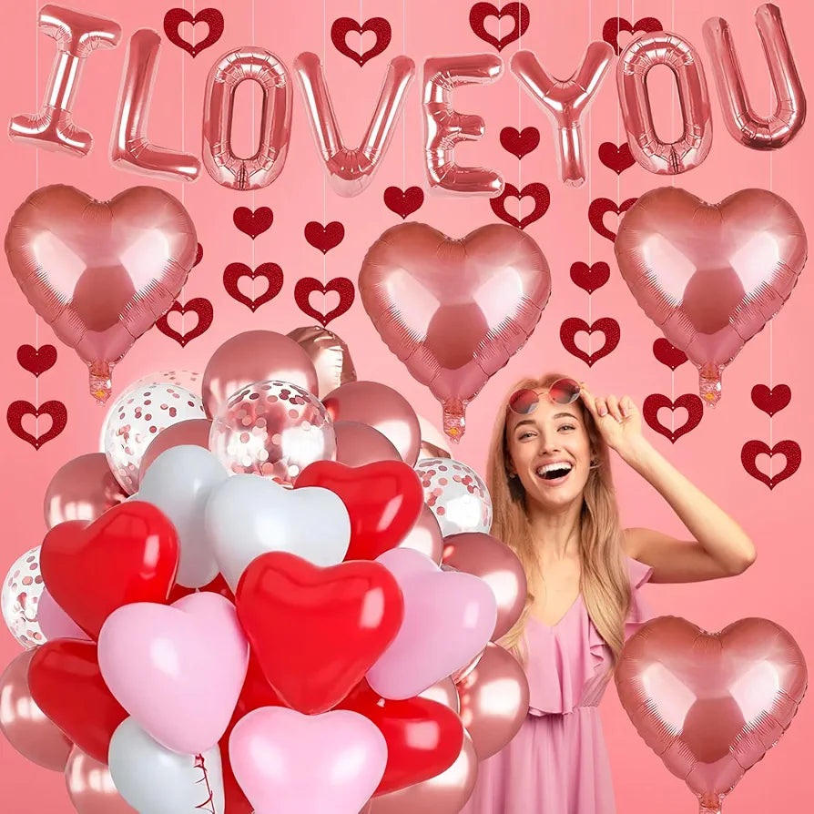 Valentines Balloons Kit, Rose Gold I Love You Balloons and 3 Colors Heart Balloons with 100 Pcs Red Silk Rose Petals for Valentines Day Balloons Decorations Anniversary Romantic Decorations