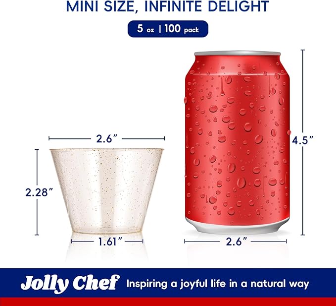 JOLLY CHEF 5 oz 100 Pack Small Glitter Disposable Cups, Glitter Plastic Cups, Disposable Plastic Shot Glasses Perfect for Parties Halloween Thanksgiving Christmas