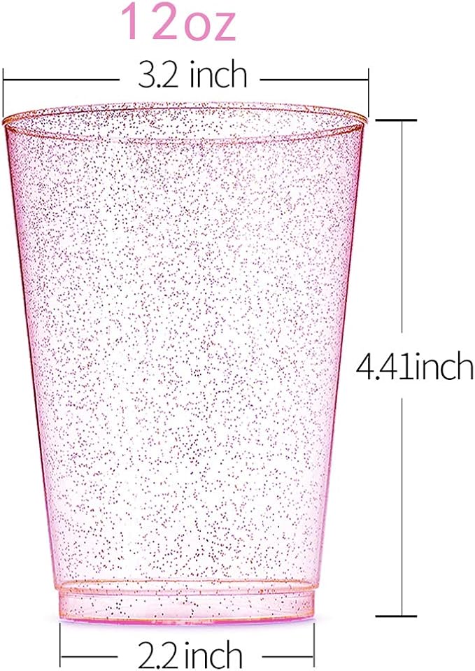 WDF 100pcs 12OZ Rose Gold Cups,Disposable Rose Gold Premium Wedding Glitter Plastic Cups Perfect for Mother's Day/Party