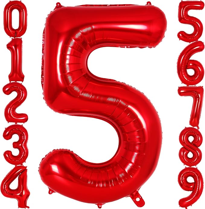 Red Number 5 Balloon 40 Inch, Big Large Foil Helium Number Balloons, Jumbo Giant Mylar Number 5 Balloons for 5 Year Old Birthday Red Party Decorations Supplies Anniversary