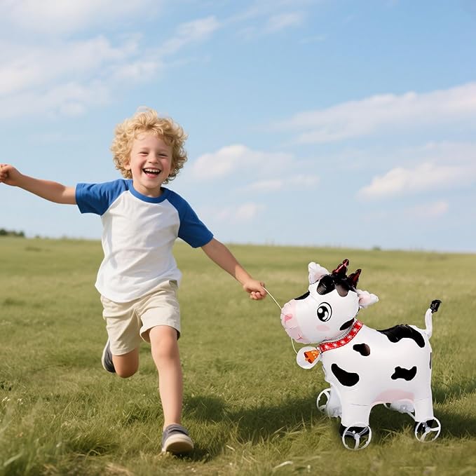Walking Dairy Cow Foil Balloons With Wheels Standing pet Dairy Cow animal balloon Cute Ox Mylar Balloons for Jungle Safari baby Shower Animal Theme Birthday Party Decorations Supplies