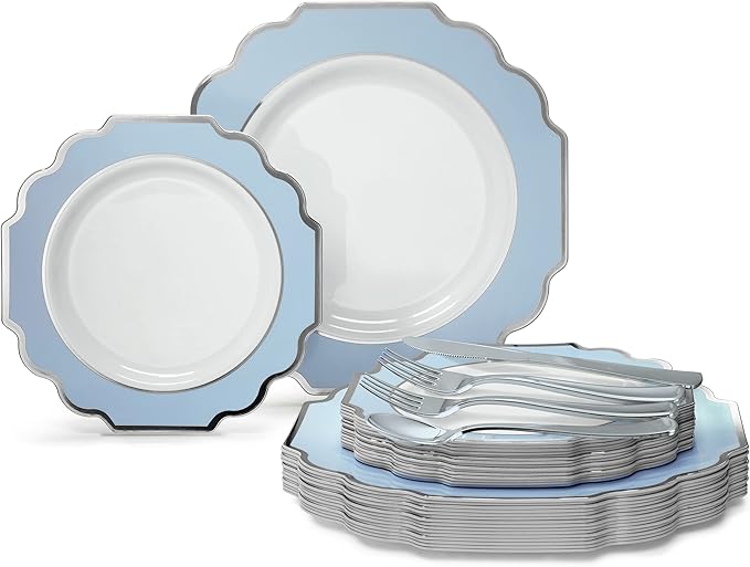" OCCASIONS " 150 Piece set (25 Guests)-Wedding Plastic Plates & cutlery -Disposable heavyweight Dinnerware 10.5'',8''+Silverware w/double fork (Imperial in White/Baby Blue & Silver)