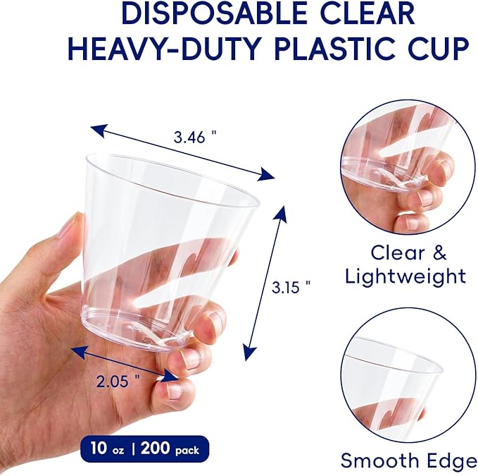 JOLLY CHEF 200 Pack 10 OZ Clear Disposable Plastic Cups,Heavy Duty Clear Plastic Cups Tumblers for Wedding,Thanksgiving, Christmas Halloween Party