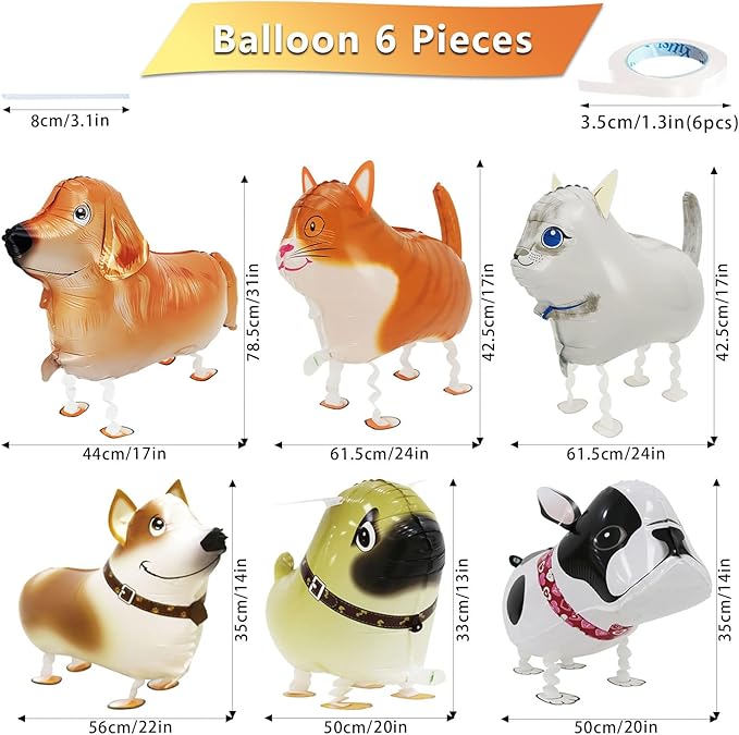 6 Pcs Walking Animal Balloons Dog Cat Party Decorations 4 Pcs Dog Mylar Foil Balloons and 2 Pcs Cat Balloons Walking Balloons for Puppy Birthday Party Supplies Cat Theme Party Supplies