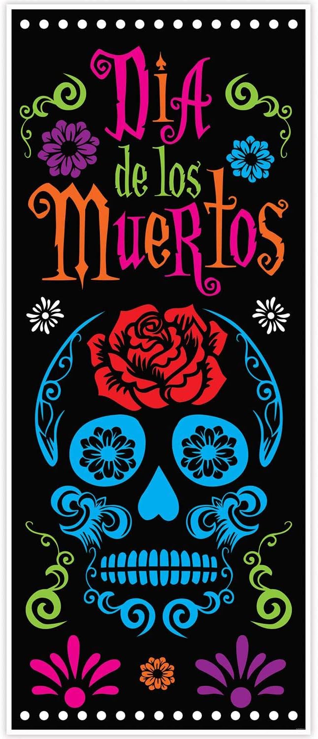 Beistle Day of The Dead Door Covers, 6’ x 30”, 2 Pieces – Plastic for Indoor & Outdoor Use – Easily Display – Mexican Themed Front Door Covers, Dia de los Muertos Party Supplies