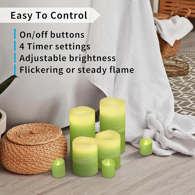 FURORA LIGHTING Green Ombre LED Candles with Remote, 4 Pillar and 4 Votives Pack of 8, Real Wax Flameless Flickering Candles for Home Décor, Battery Operated