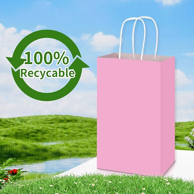 Toovip 100 Pack 5.25x3.25x8.25 Inch Small Light Pink Kraft Paper Bags with Handles Bulk, Gift Wrap Bags for Favor Grocery Retail Party Birthday Shopping Business Goody Craft Merchandise Take Out Sacks