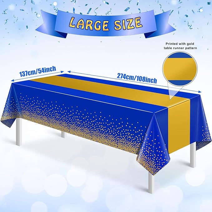 12Pcs Blue Gold Tablecloth Party Decorations,Plastic Royal Blue Table Cloth Printed Gold Tables Runner Disposable Rectangle Table Cover for Birthday Anniversary Wedding Graduation Party,54 x108 Inch