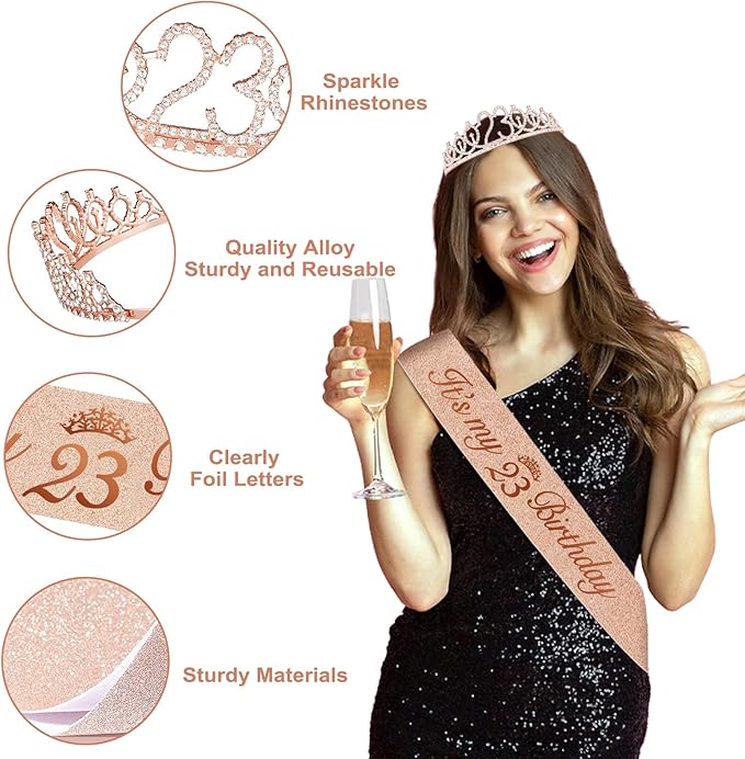 23rd Birthday Decorations for Her, 49pcs Black Rose Gold Black Banner, Tablecloth, Butterfly Decor, 23rd Birthday Sash and Tiara, Cake Topper, Candles, Balloons Arch