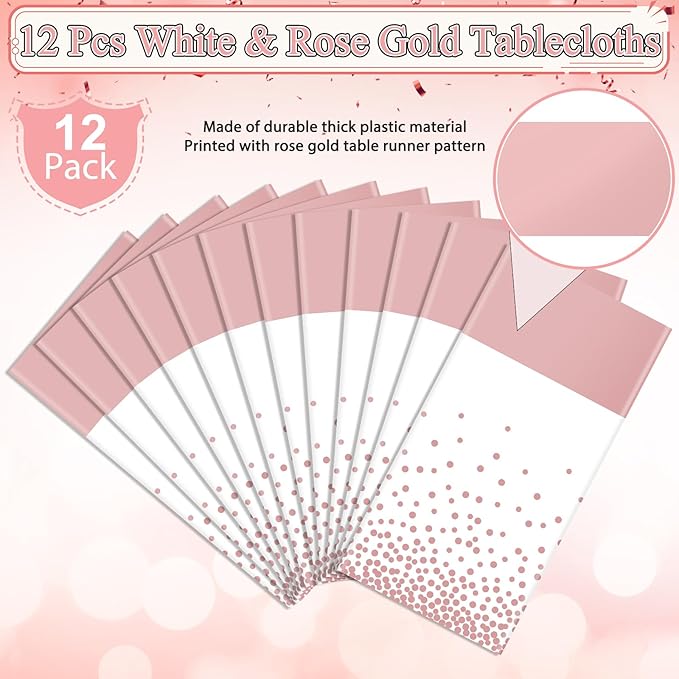 12Pcs White Rose Gold Tablecloth Party Decorations,Plastic White Table Cloth Printed Rose Gold Table Runner Disposable Rectangle Tables Cover for Birthday Anniversary Wedding Grad Party,54 x108 Inch