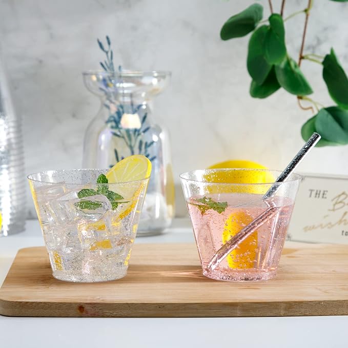 WDF 200pcs 9OZ Silver Cups, Plastic Disposable Premium Wedding Silver Glitter Plastic Cups for Party