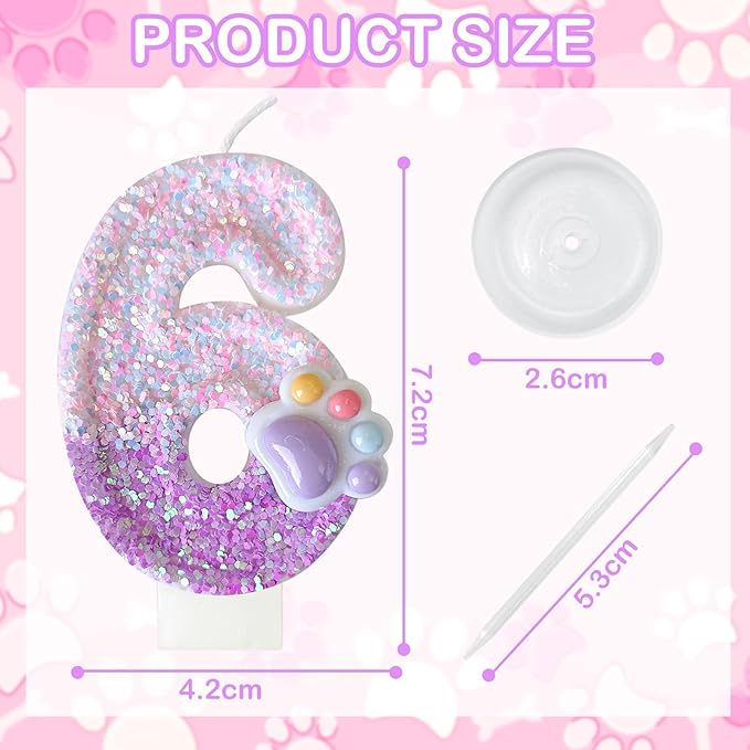 Panouo Pink Cat and Dog Paw Birthday Number Candles, Cupcake Decorations, Dog Theme Candles, Suitable for Party Celebrations, Birthday Decoration Supplies (Number 6)