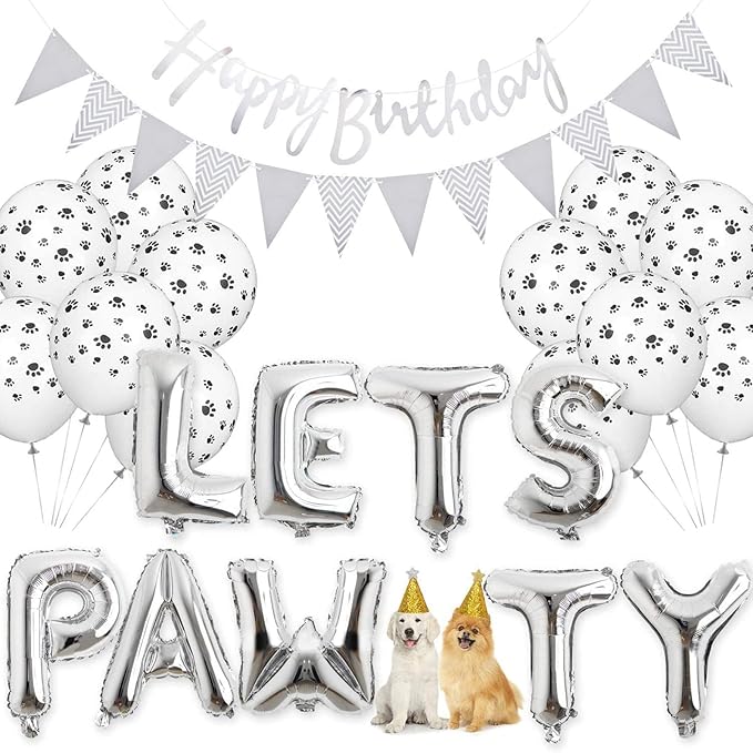 Esweny Pawty Balloons & Banners - Dog & Cat Birthday Hat, Foil Balloons for Pet Party Decoration