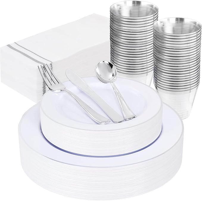 SUT 175 Piece Silver and White Plastic Dinnerware Set for 25 Guests, Disposable Plastic Plates, Include: 25 Dinner Plates, 25 Dessert Plates, 25 Pre Rolled Napkins with Silver Silverware, 25 Cups
