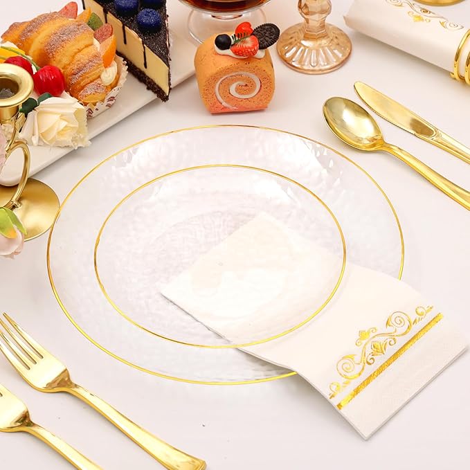 150 Pcs Plastic Dinnerware Set Disposable for 25 Guests - Clear Plates with Gold Trim, Fancy Plastic Plates for Party Wedding Birthday Halloween