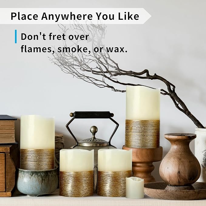 FURORA LIGHTING Gold Real Wax Trim Candles with Remote and Timer, Pack of 8 Pillar & Votive Candles, LED Flameless Flickering Candle for Home Décor, Battery Included