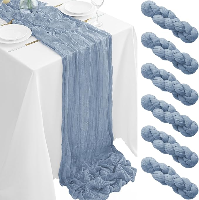 6Pack Dusty Blue Table Runner 35 x 120 inch Cheesecloth Table Runner 10FT Boho Table Runners Rustic Gauze Cheese Cloth Table Runners for Party Wedding Birthday Dining Bridal Shower Baby Shower Decor