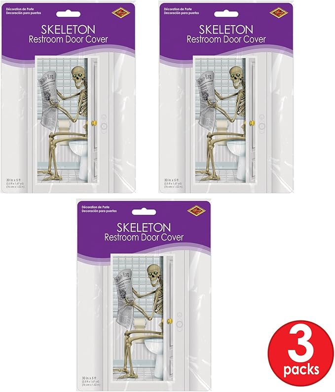 Beistle 3 Piece Plastic Indoor Outdoor Skeleton Restroom Door Covers for Happy Halloween Party Decorations, 60" x 30", Multicolor