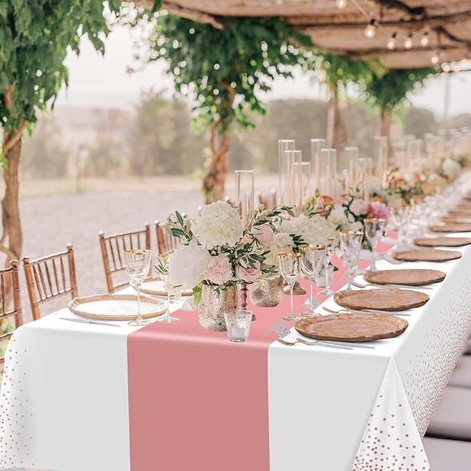 6Pcs White and Rose Gold Tablecloth Party Decorations,Plastic White Table Cloth Printed Rose Gold Table Runner Disposable Rectangle Table Cover for Birthday Anniversary Wedding Grad Party,54 x108 Inch