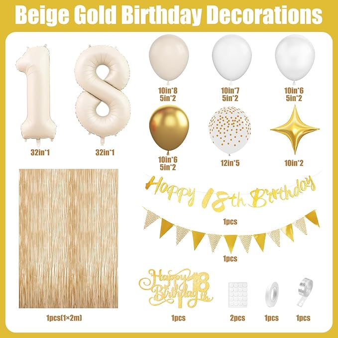 18th Birthday Decorations Cream White Gold, 18th Birthday Balloons Beige Gold Clear, Happy 18th Birthday Banner with Fringe Curtain Cake Toppers Number 18 Balloons for Girls Boys 18 Year Old Bday