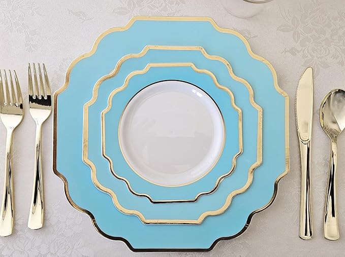 " OCCASIONS " 120 Plates Pack,(60 Guests) Heavyweight Wedding Party Disposable Plastic Plates -60 x 10.5'' Dinner + 60 x 8'' Salad/Dessert Plate (Imperial Aqua/Gold))