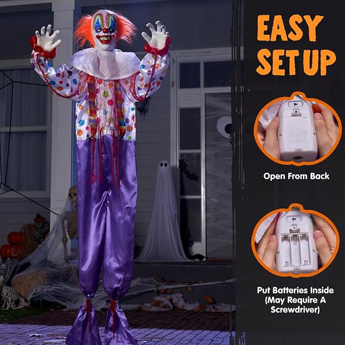JOYIN 65" Halloween Hanging Clown Decoration Outdoor, Neon Face LED Talking with Light-up Eyes and Creepy Sound Haunted House Decor, for Lawn, Yard, Patio