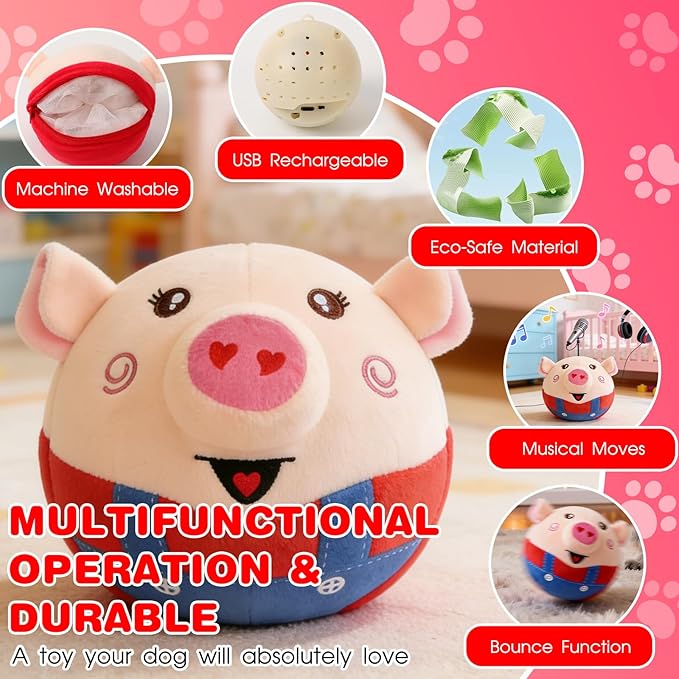 Interactive Dog Toys, Jumping Pig Dog Toys with Bounce, Recording and Music Modes, Active Moving Pet Plush Toy, Washable Cartoon Pig Plush Toy for Puppies/Small/Medium/Large Dogs (Red)