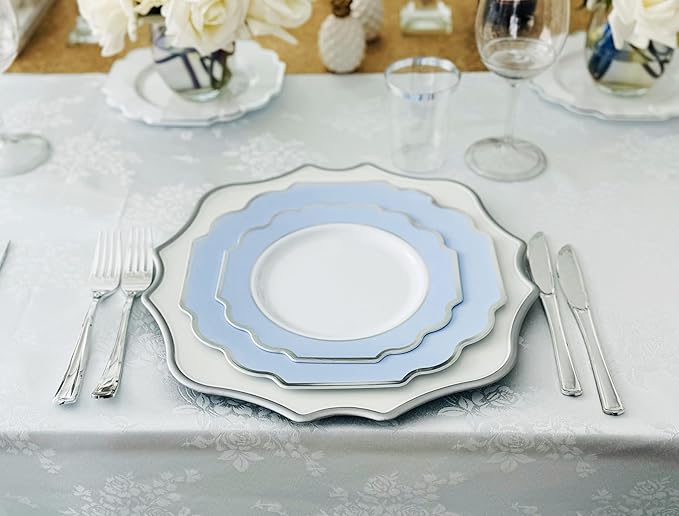 " OCCASIONS " 150 Piece set (25 Guests)-Wedding Plastic Plates & cutlery -Disposable heavyweight Dinnerware 10.5'',8''+Silverware w/double fork (Imperial in White/Baby Blue & Silver)