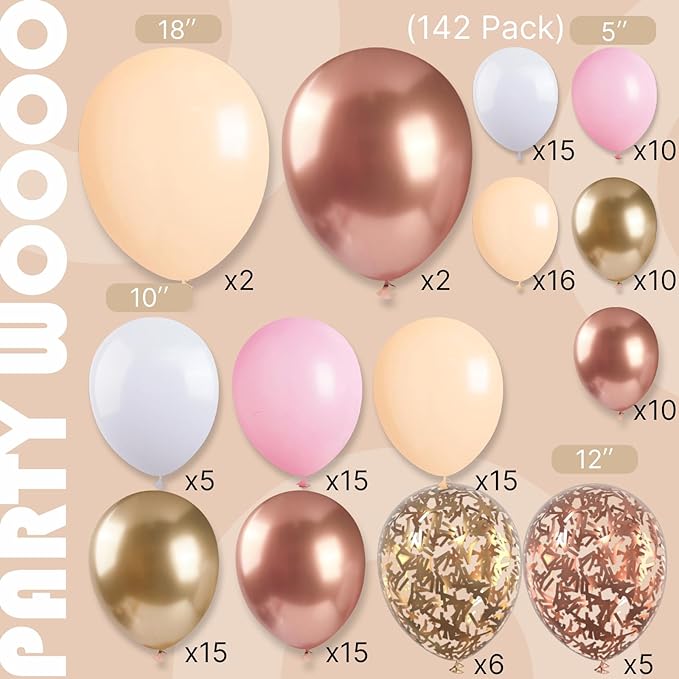 PartyWoo Nude and Gold Balloon Arch Kit 142pcs Different Sizes of 18 12 10 5 Inch Metallic Gold White Pink Rose Gold Confetti Balloons for Wedding Engagement Princess Girl Birthday Party Decorations