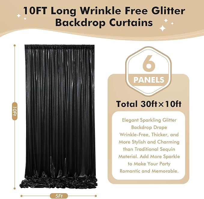 30ftx10 ft Black Glitter Sequin Backdrop Curtain for Parties, Wrinkle Free Sparking Backdrop Drapes, 6 Panels 5x10ft Shimmer Photo Back Drop Cloth for Wedding Birthday Photography Background