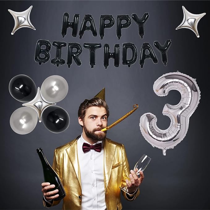 23rd Black Silver Birthday Party Decorations for Men Women, Party Supplies With Banner, Foil Stars, Balloons for 23 Celebration