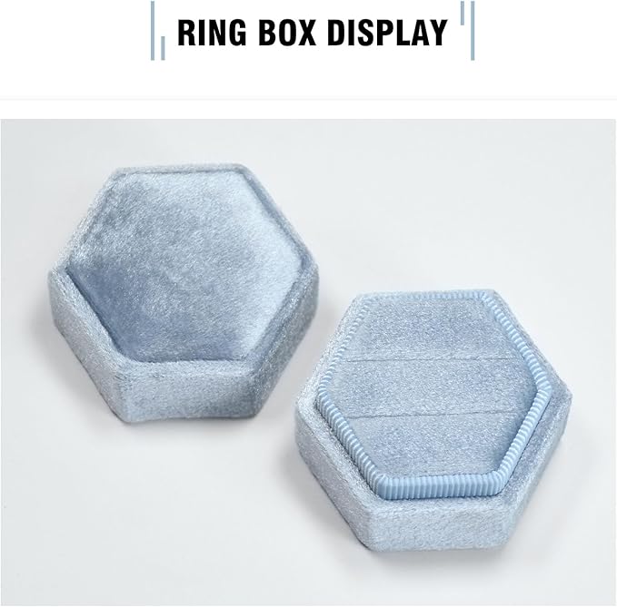 Velvet Ring Box, 2 Slots Hexagon Jewelry Ring Gift Box Vintage Ring Display Holder Case for Wedding Ceremony Proposal Engagement (Periwinkle Blue)